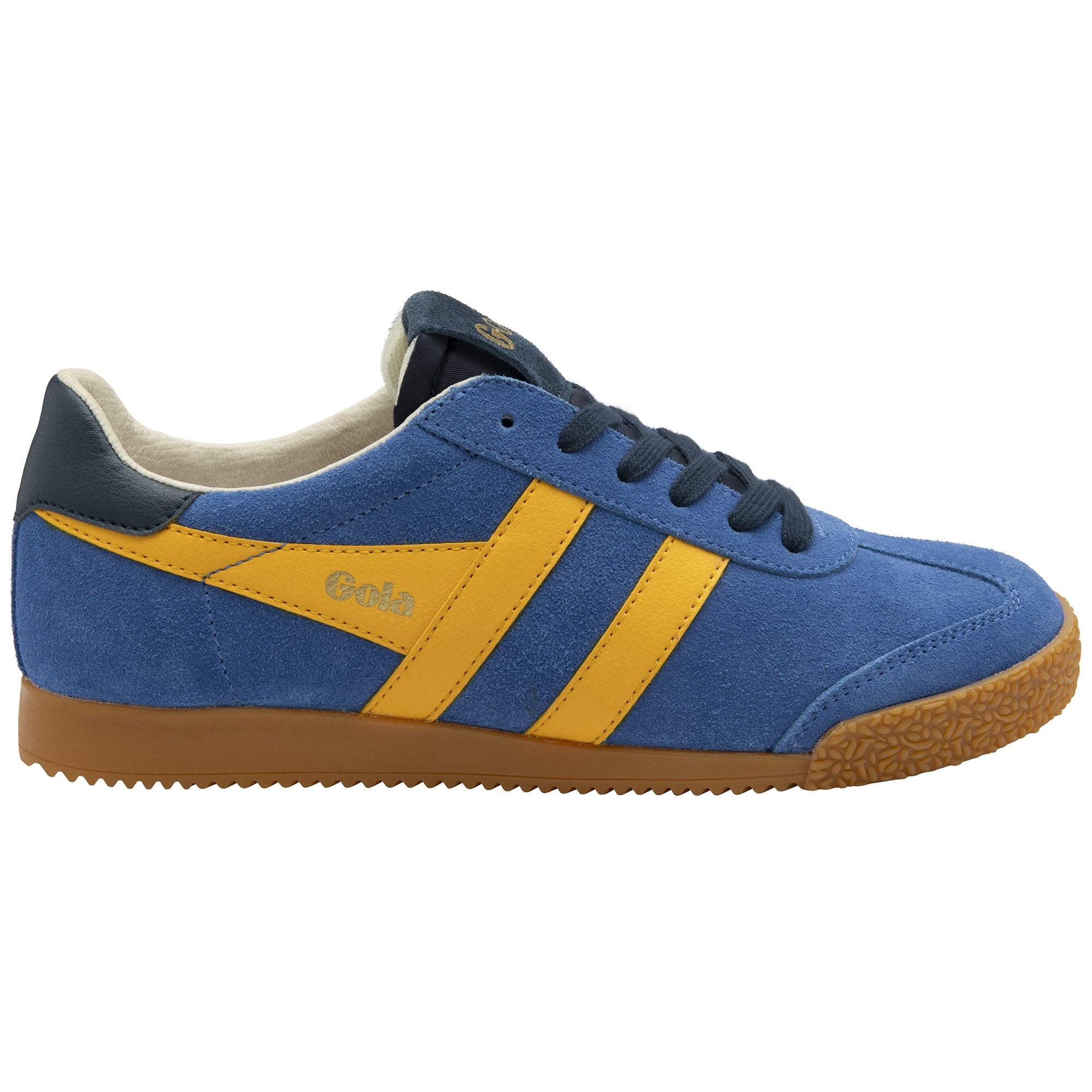 Gola men's Harrier blue and yellow suede sneakers with a gum sole, side view.