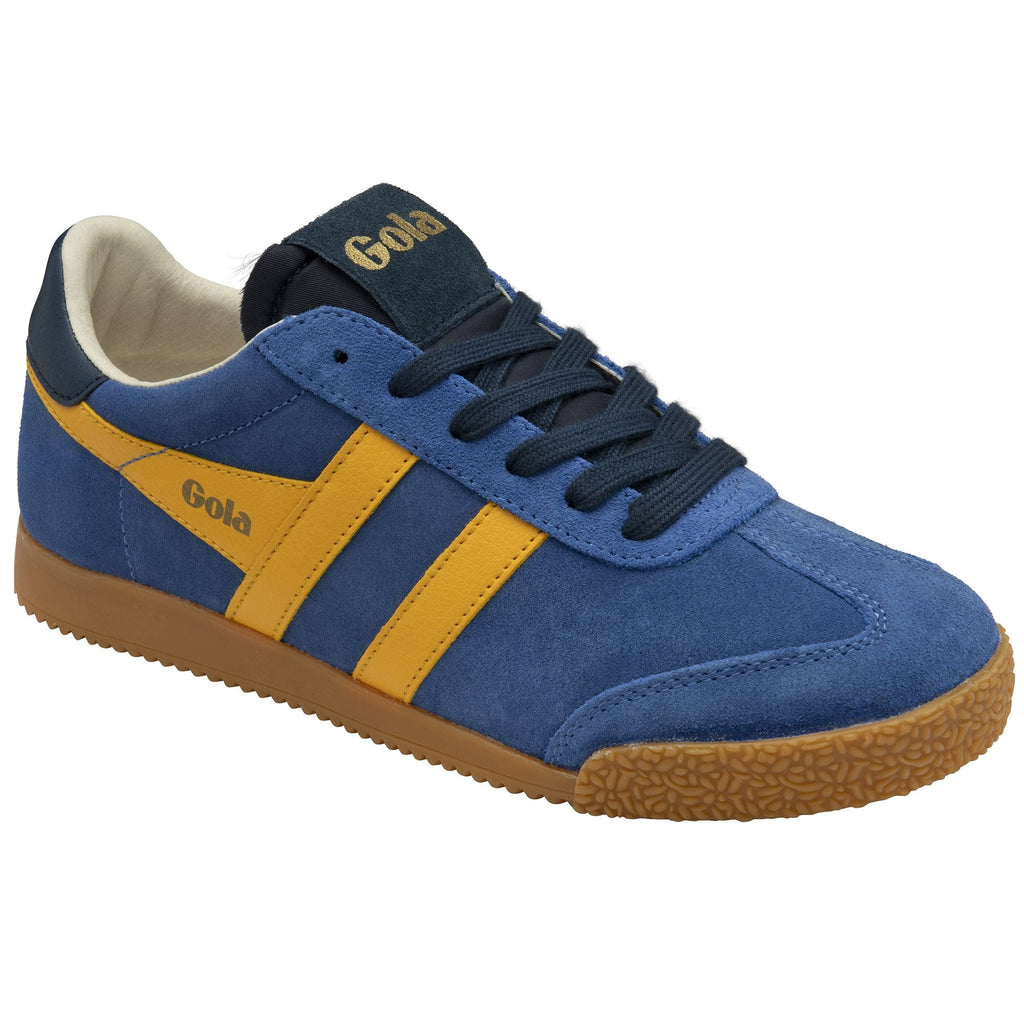 Gola men's Harrier blue and yellow suede sneakers with a gum sole, angled view.