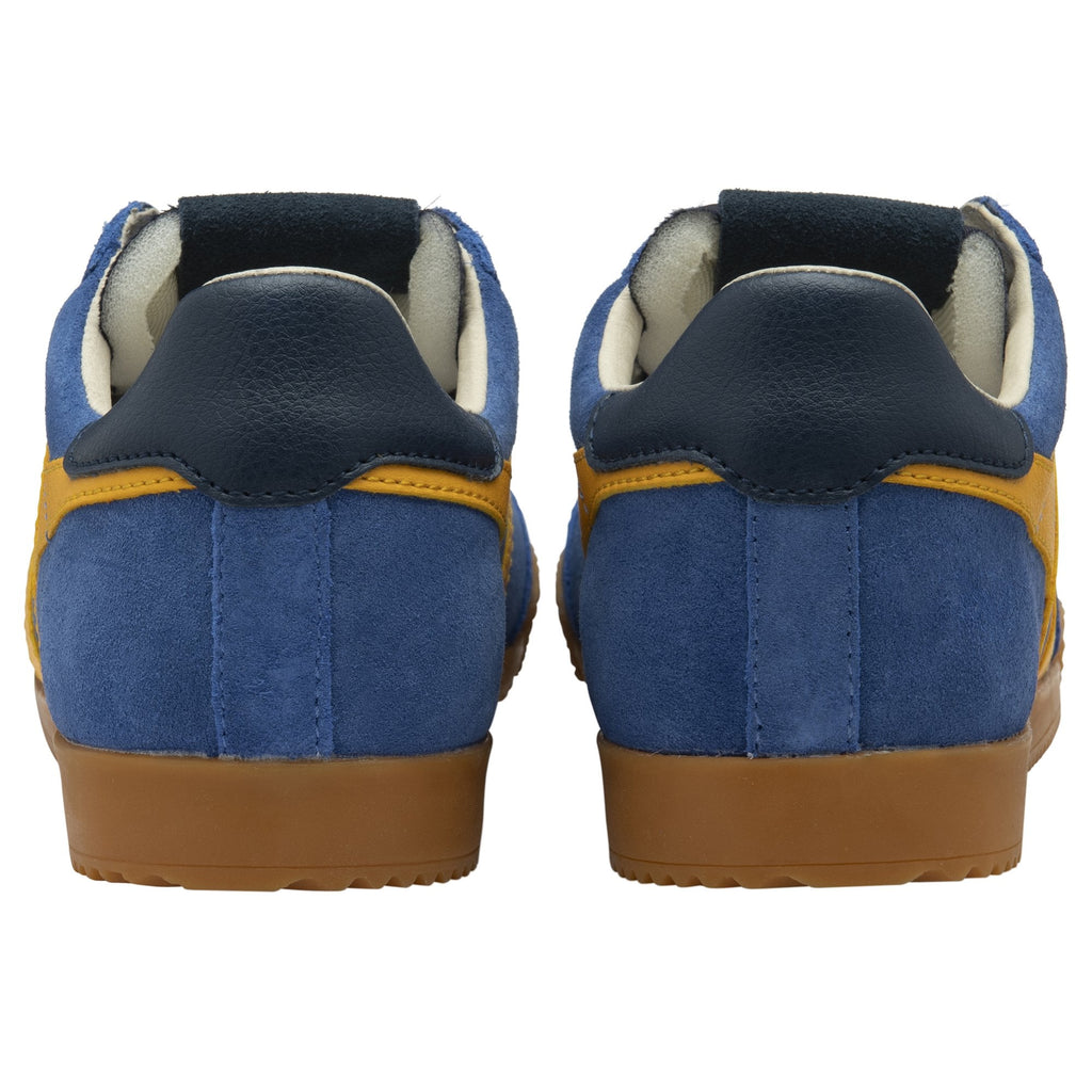Back view of Gola men's Harrier blue and yellow suede sneakers with gum soles.