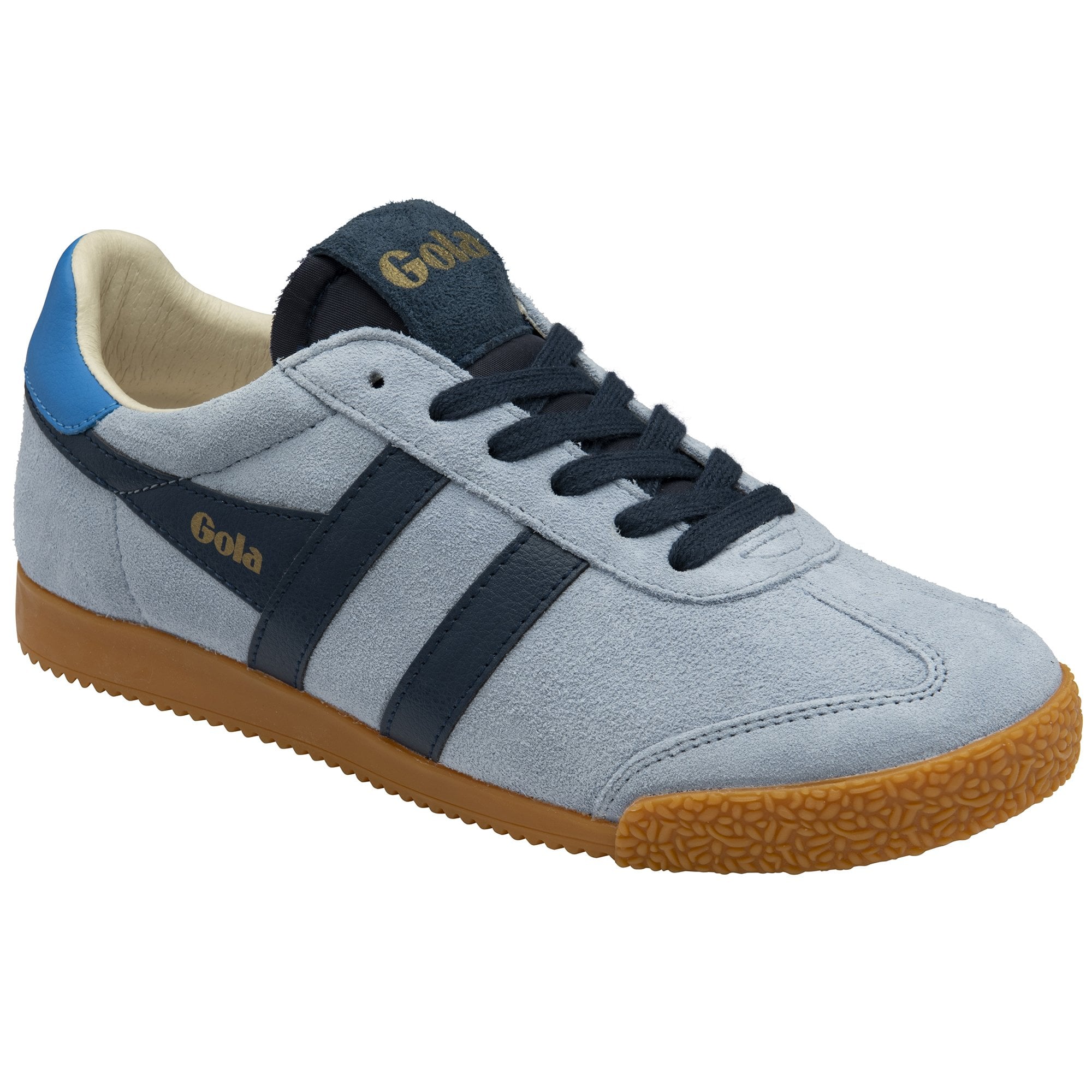 Light blue Gola men's sneaker with two dark blue stripes on the side, a dark blue heel, and a brown sole.