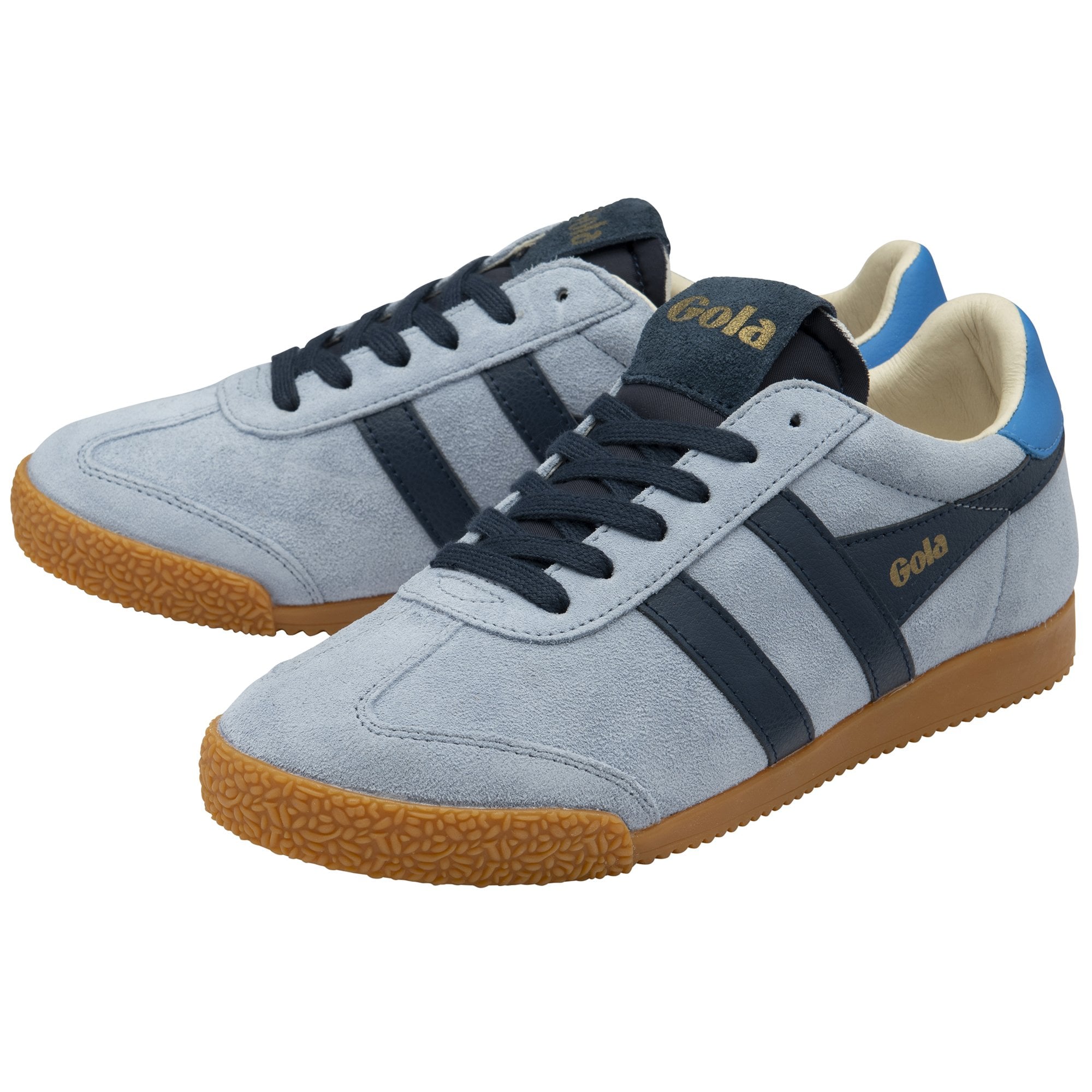 Two light blue Gola men's sneakers with two dark blue stripes on the side, a dark blue heel, and a brown sole.