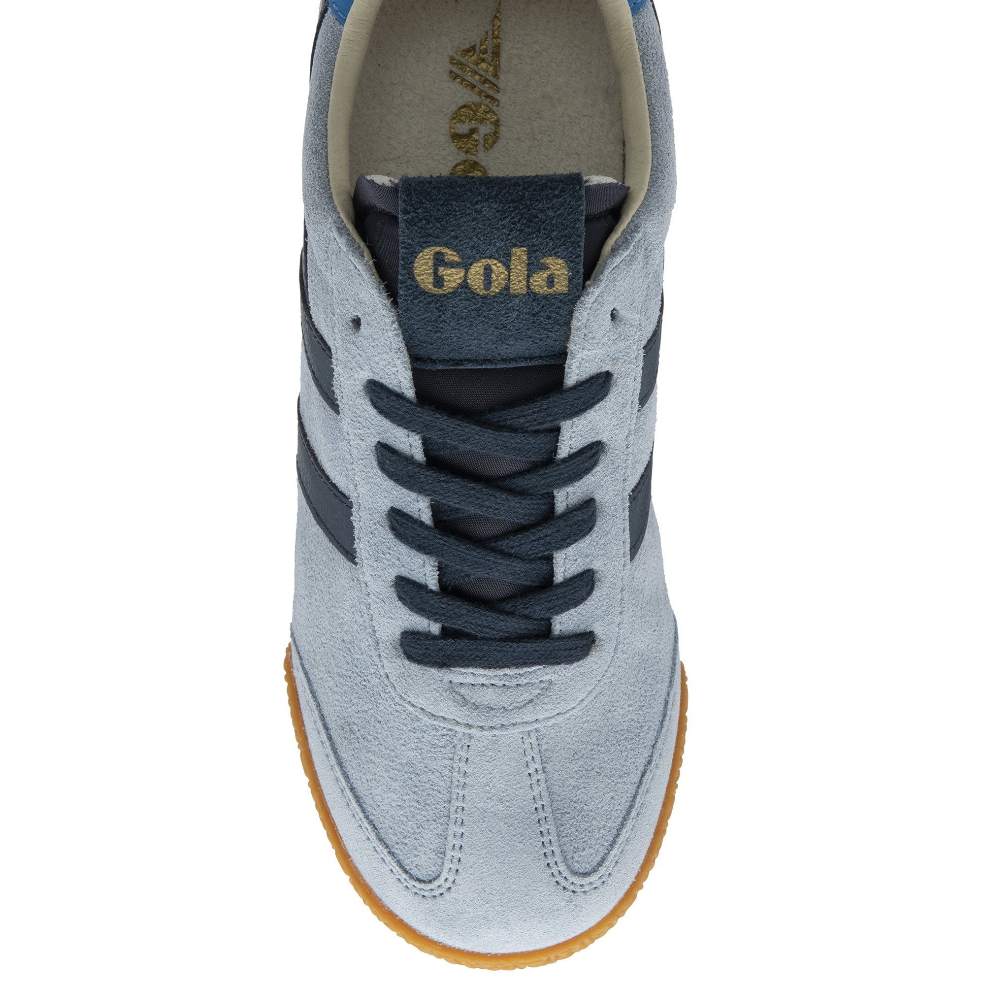 Top view of a light blue Gola men's sneaker with dark blue laces and a brown sole.