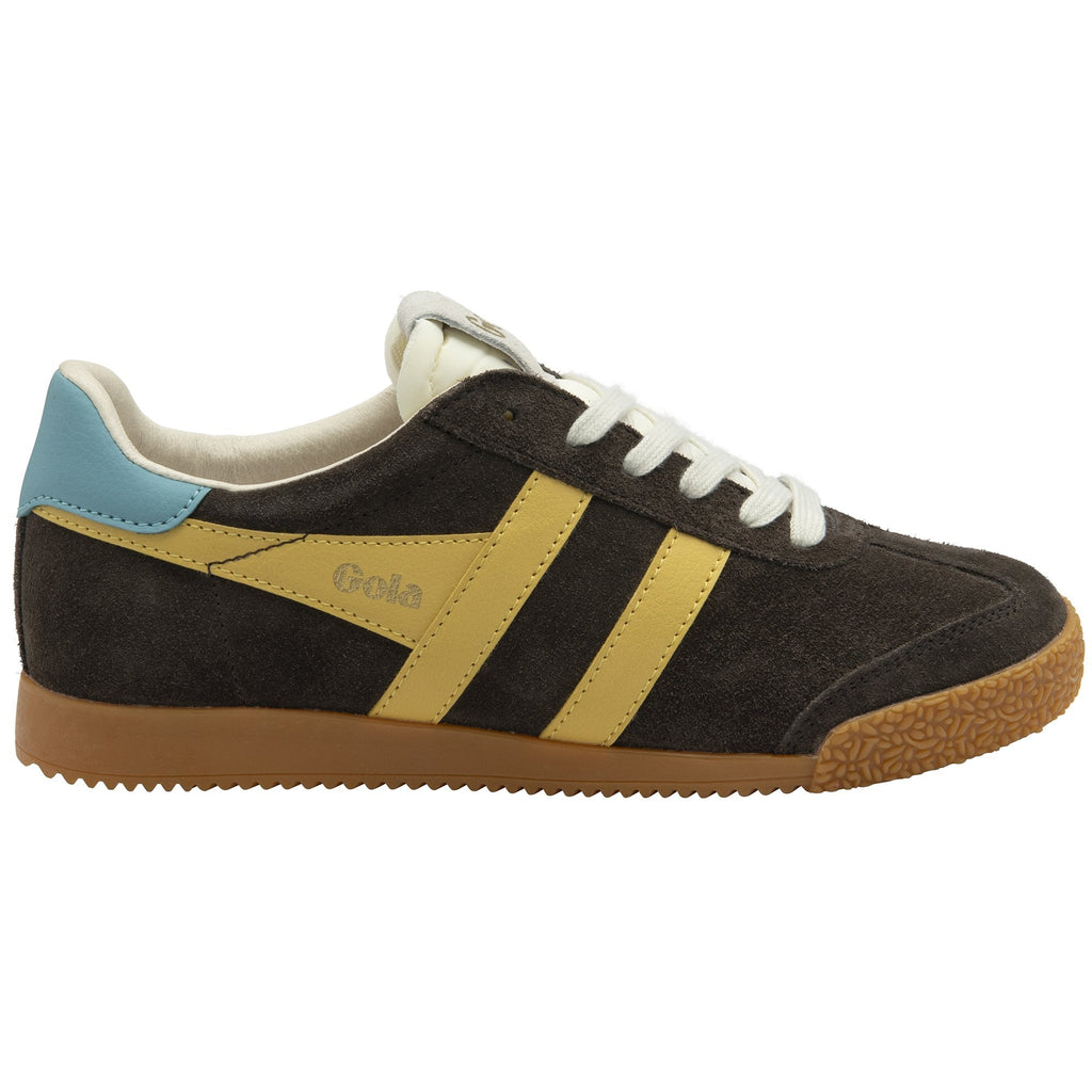 Side profile of a Gola shoe in brown with gold stripes and a light blue heel tab.