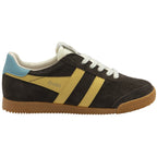 Side profile of a Gola shoe in brown with gold stripes and a light blue heel tab.