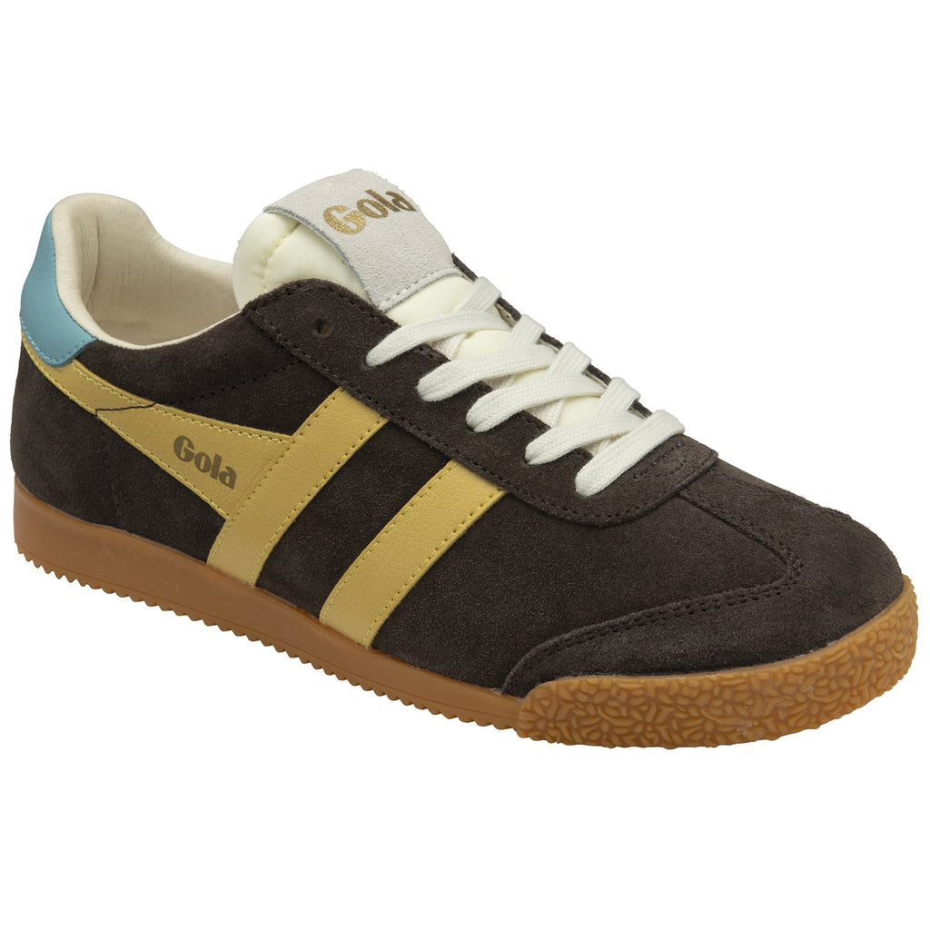 Front side view of a Gola shoe in brown with gold stripes and a light blue heel tab.
