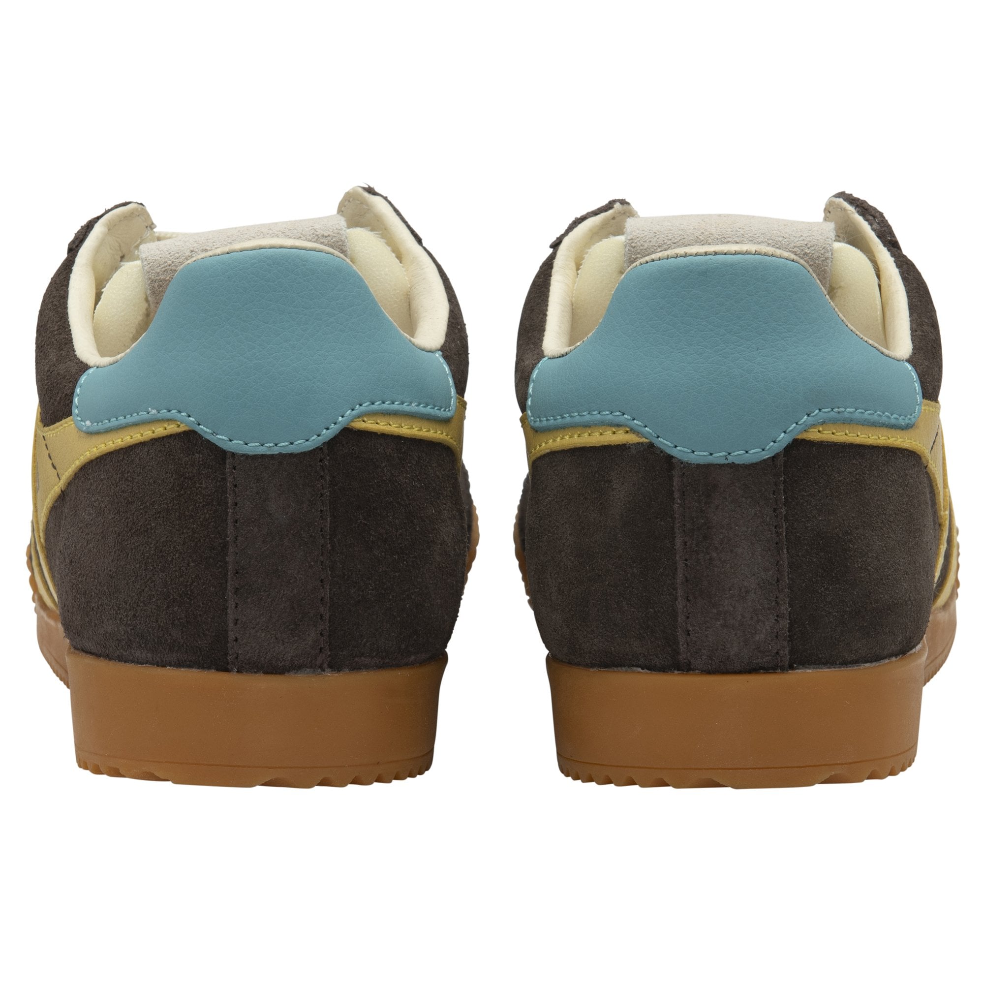 Rear view of a pair of Gola shoes with light blue heel tabs.