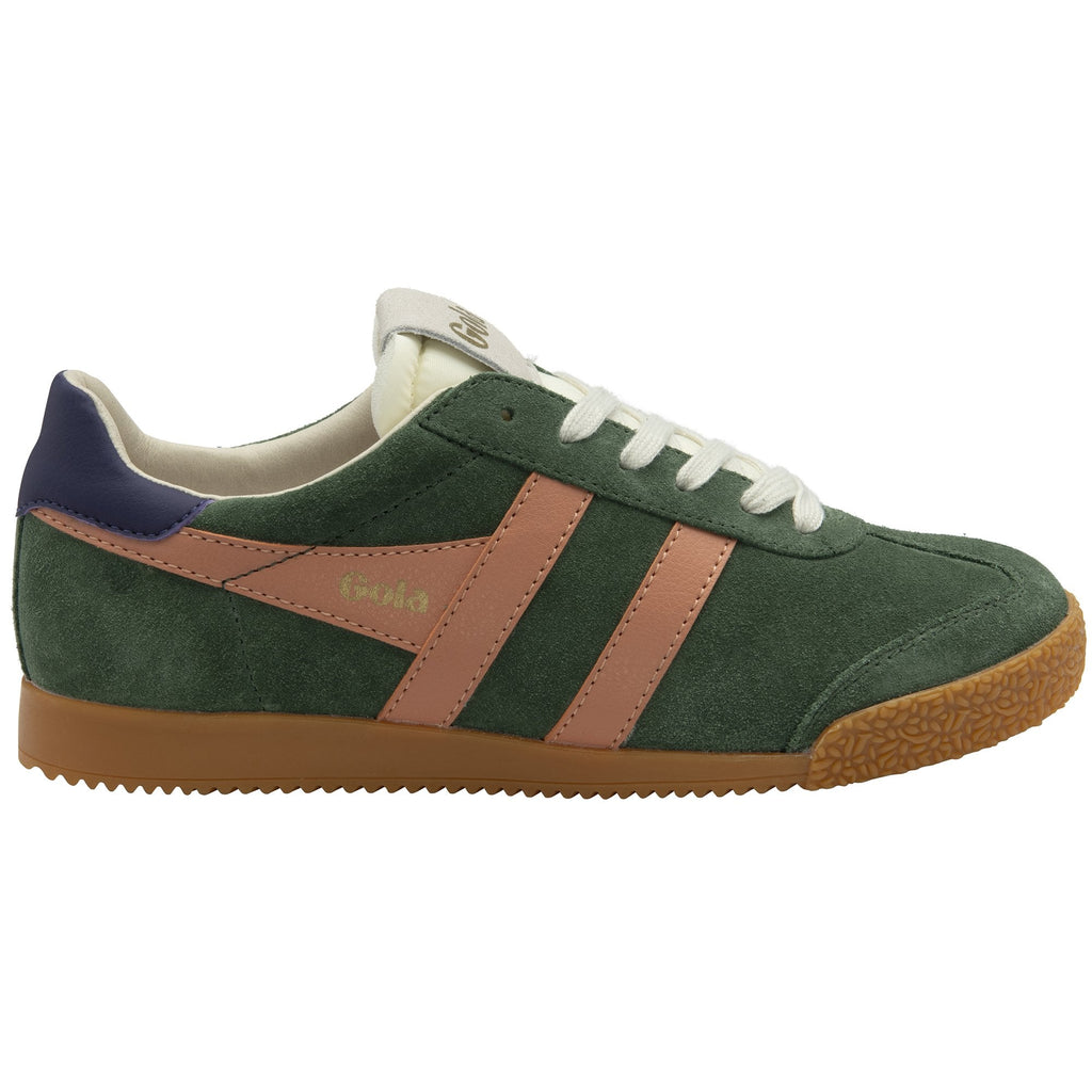 Side profile of a green and peach Gola trainer with a white lace and gum sole.
