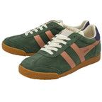 Pair of green and peach Gola trainers with white laces and gum soles, angled.