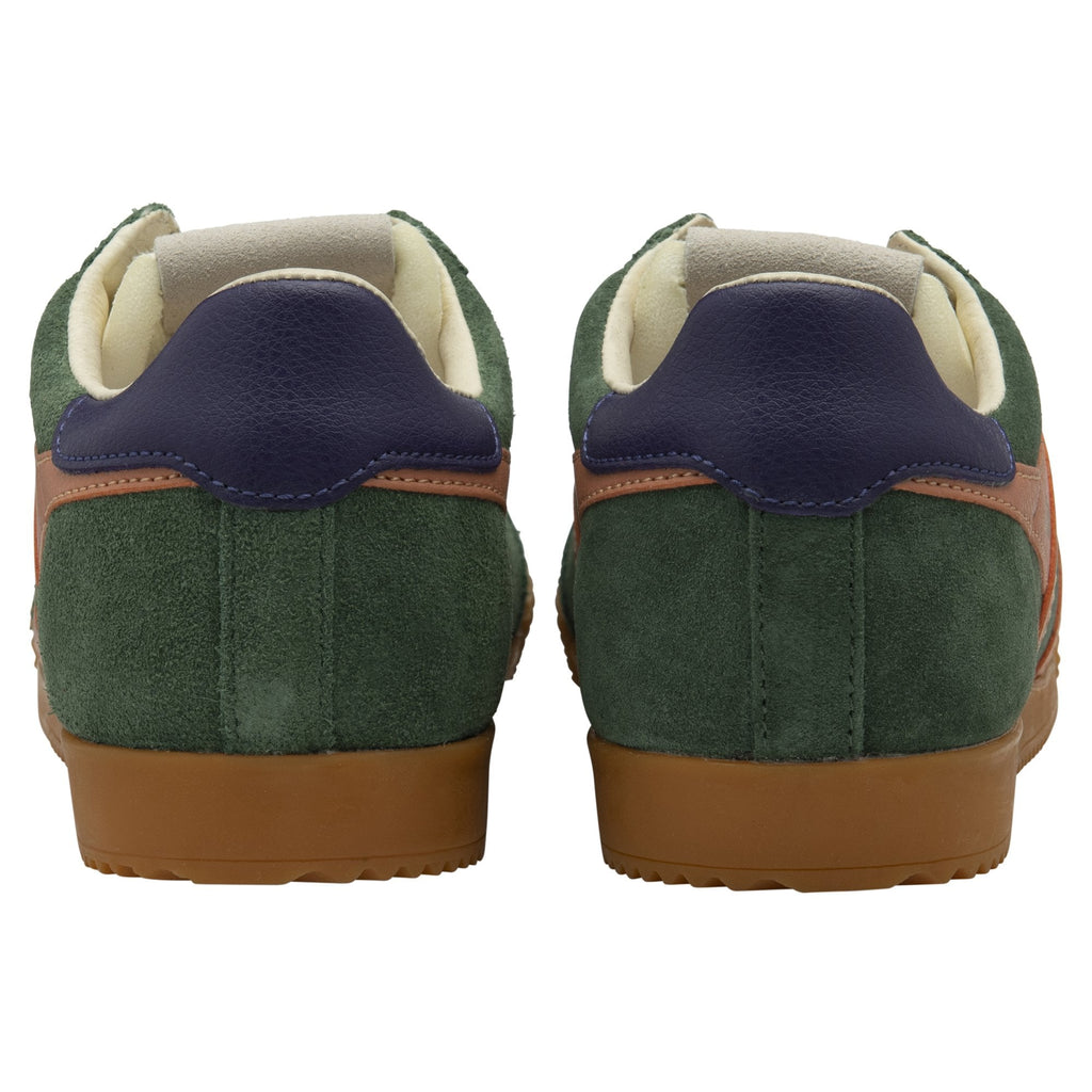 Back view of a pair of green and peach Gola trainers with gum soles.