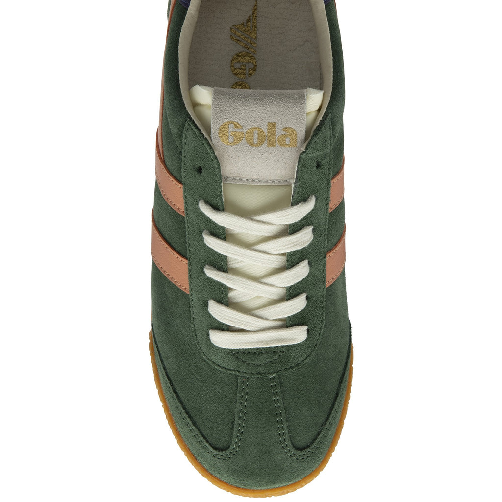 Top down view of a green and peach Gola trainer with a white lace and gum sole.