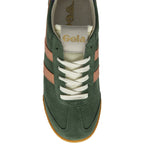 Top down view of a green and peach Gola trainer with a white lace and gum sole.