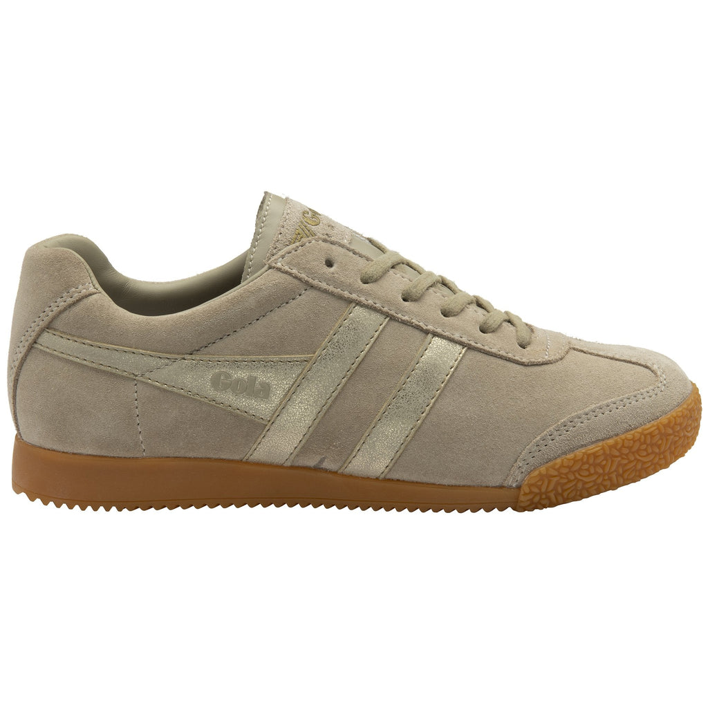 Side profile of a Gola men's Harrier Suede Trainer in light khaki with three stripes.
