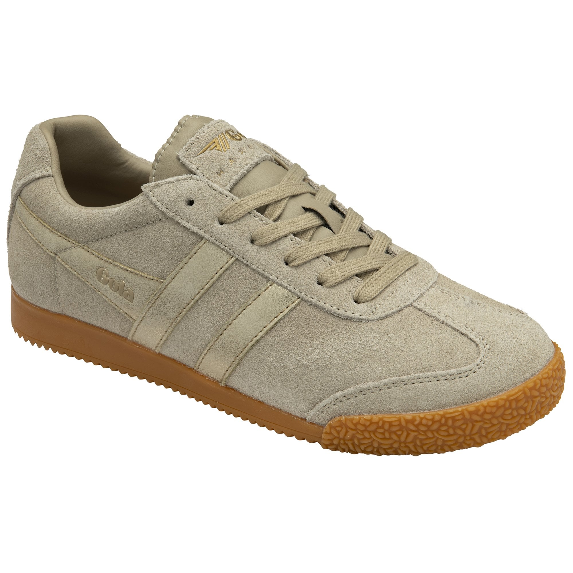 Angled view of a Gola men's Harrier Suede Trainer in light khaki with three stripes.