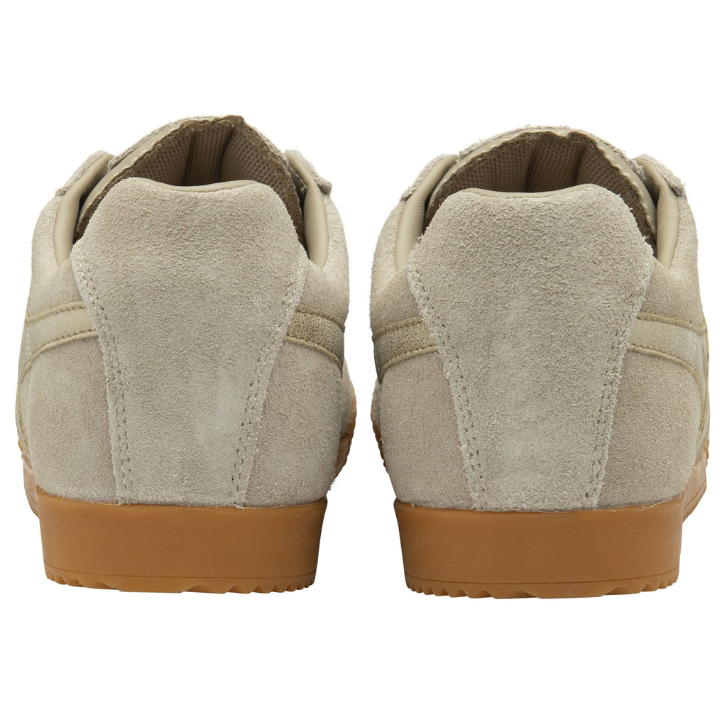 Back view of two Gola men's Harrier Suede Trainers in light khaki.