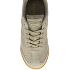 Top down view of a Gola men's Harrier Suede Trainer in light khaki with three stripes.