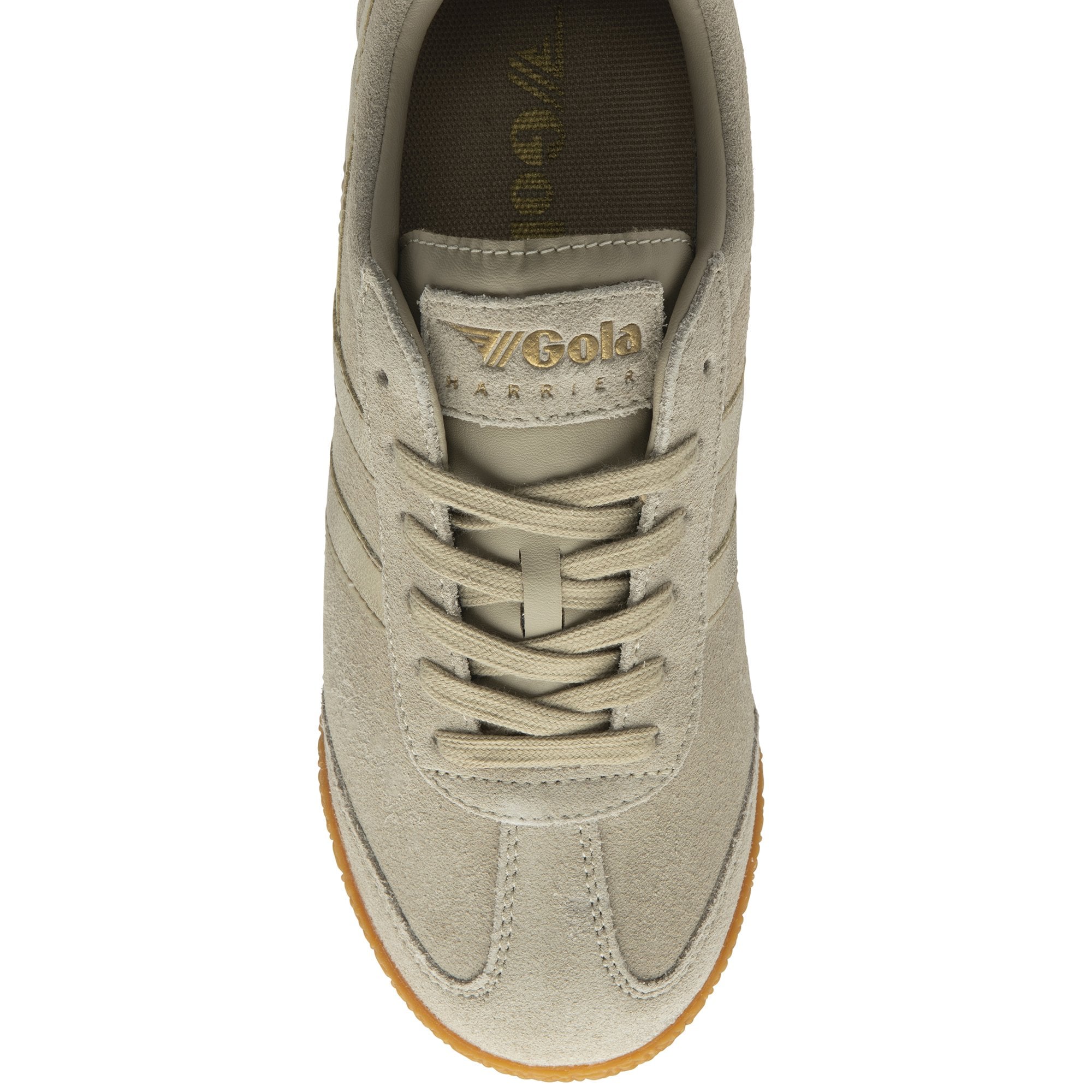 Top down view of a Gola men's Harrier Suede Trainer in light khaki with three stripes.