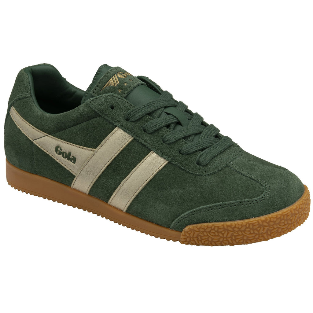 Gola Harrier suede trainer in dark green with cream stripes and a gum sole, viewed at an angle.