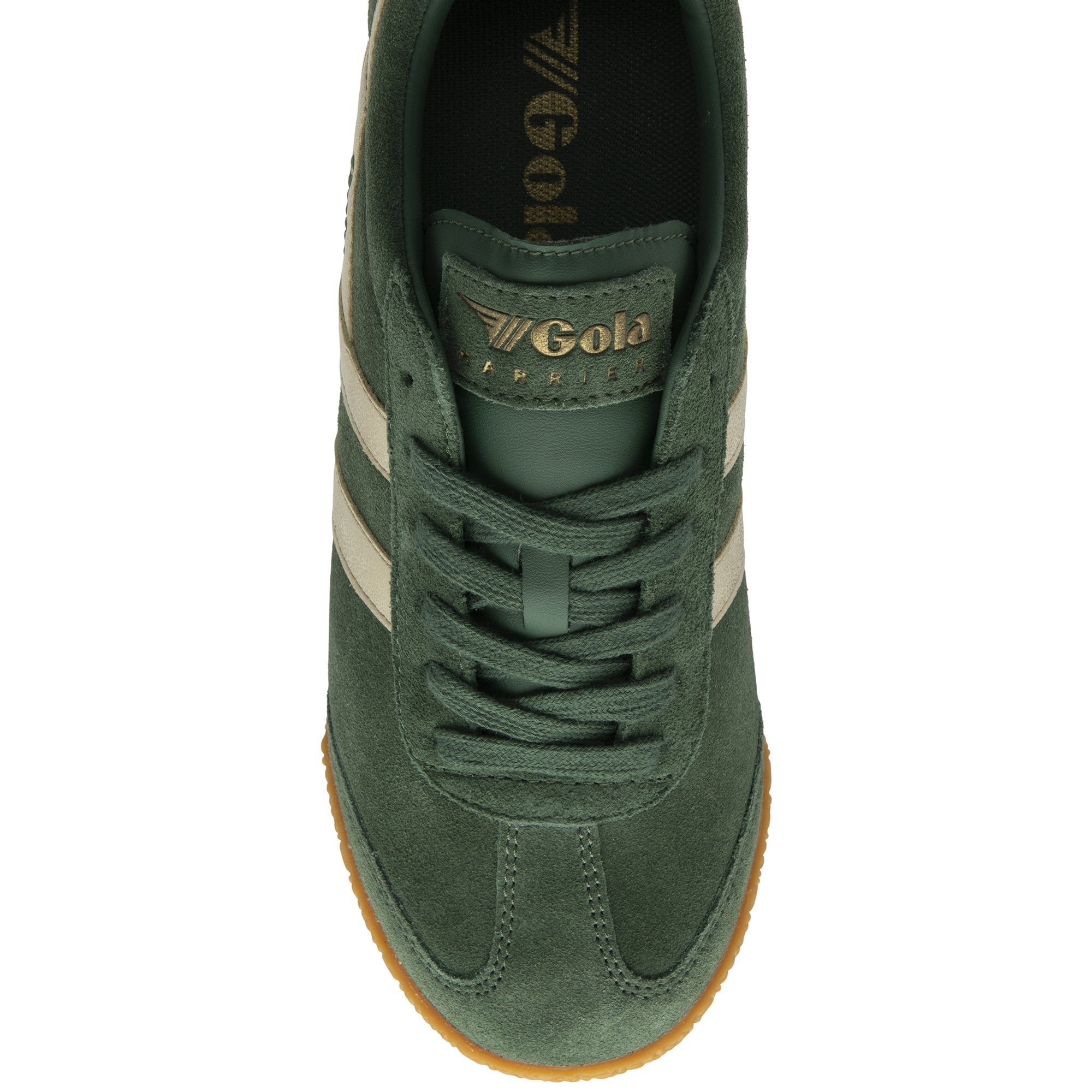 Top-down view of a Gola Harrier suede trainer in dark green with cream stripes and gum sole.