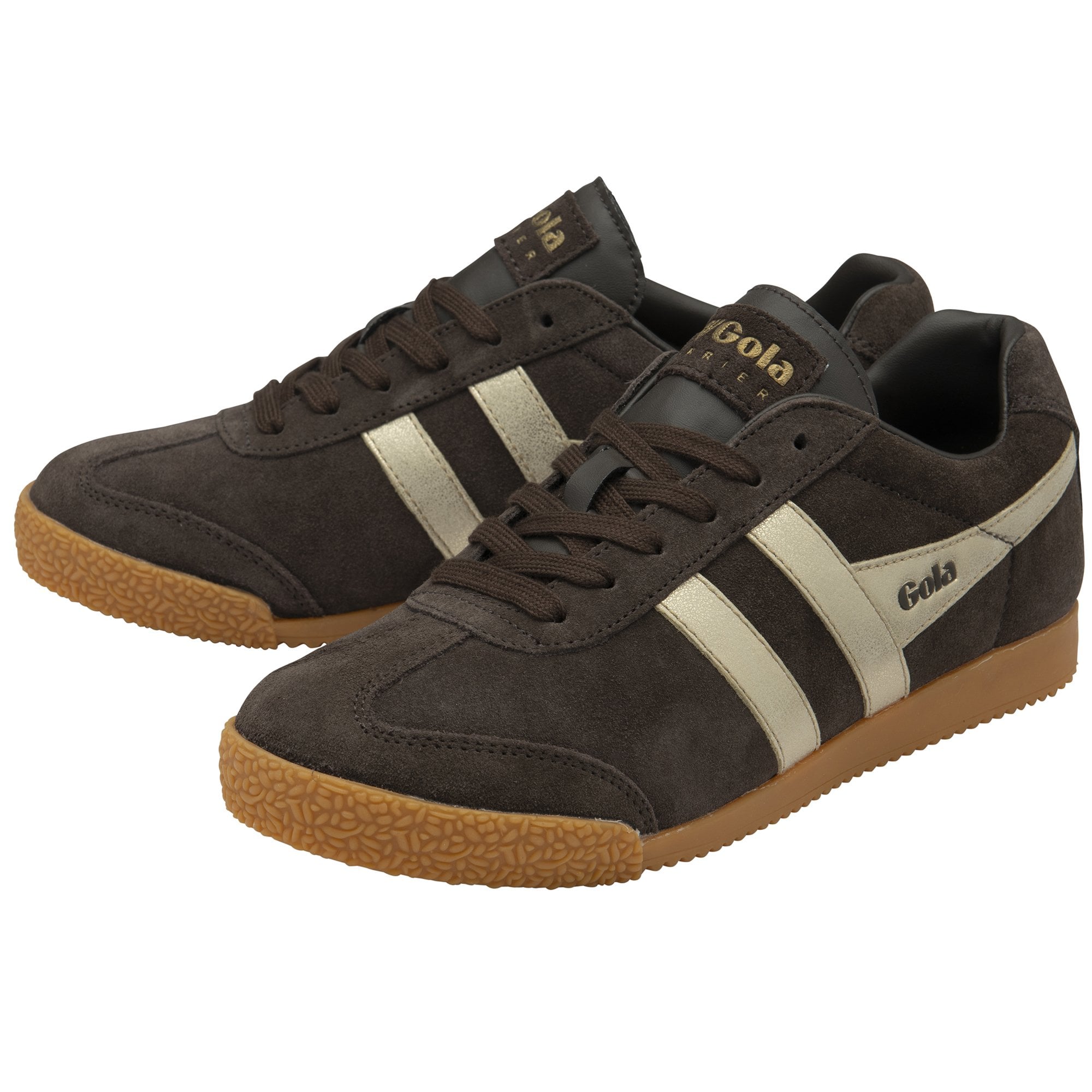 Pair of Gola men's shoes in dark brown with tan side stripes.