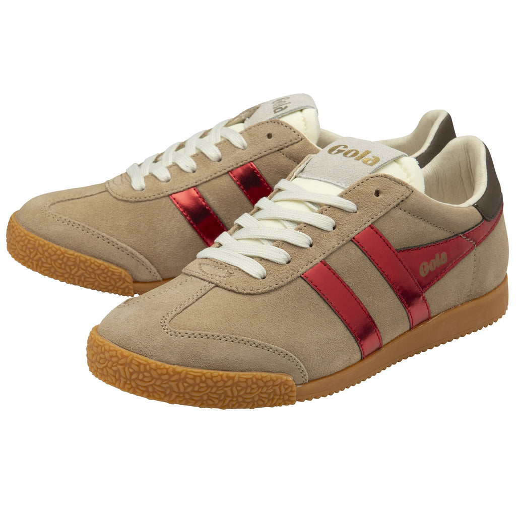 A pair of Gola men's Harrier trainers in tan suede with red stripes, displayed at an angle.