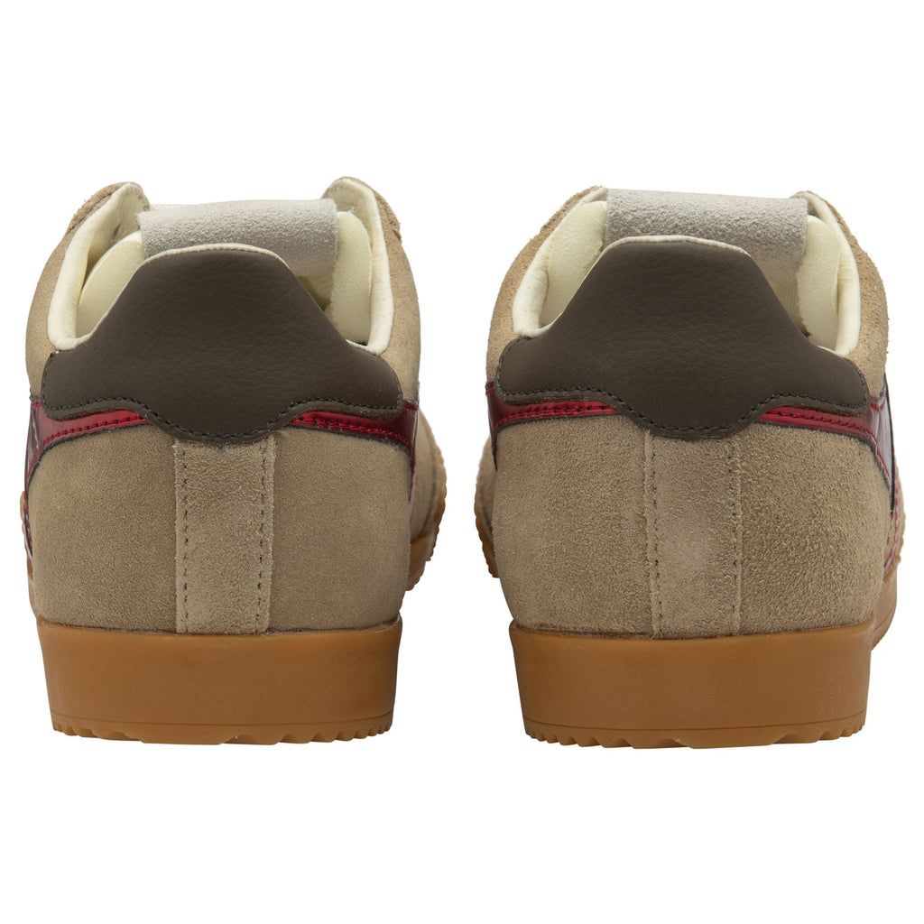 The back view of a pair of Gola men's Harrier trainers in tan suede with brown heel accents.
