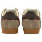The back view of a pair of Gola men's Harrier trainers in tan suede with brown heel accents.