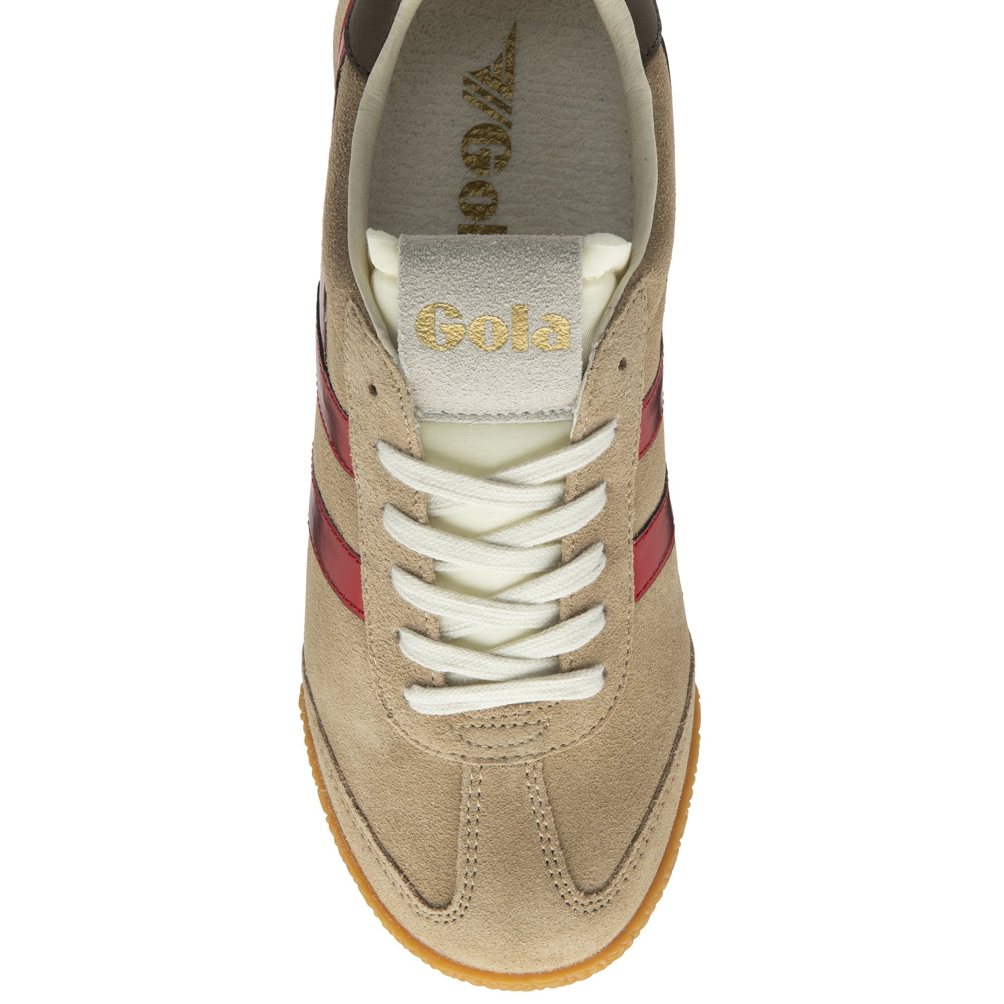 An overhead view of a Gola men's Harrier trainer in tan suede with red stripes and white laces.