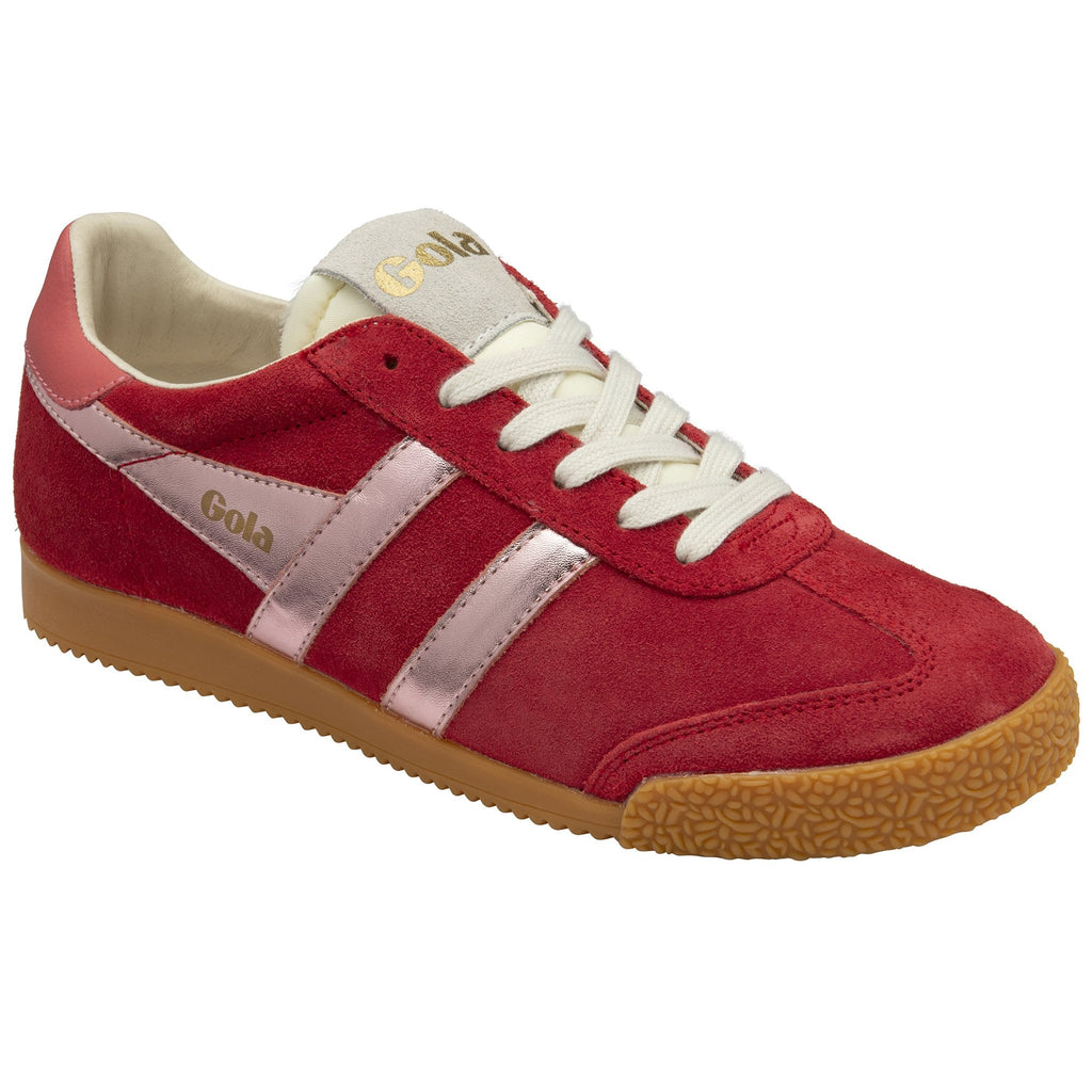 A single red and silver Gola trainer with a tan sole, viewed from an angle.