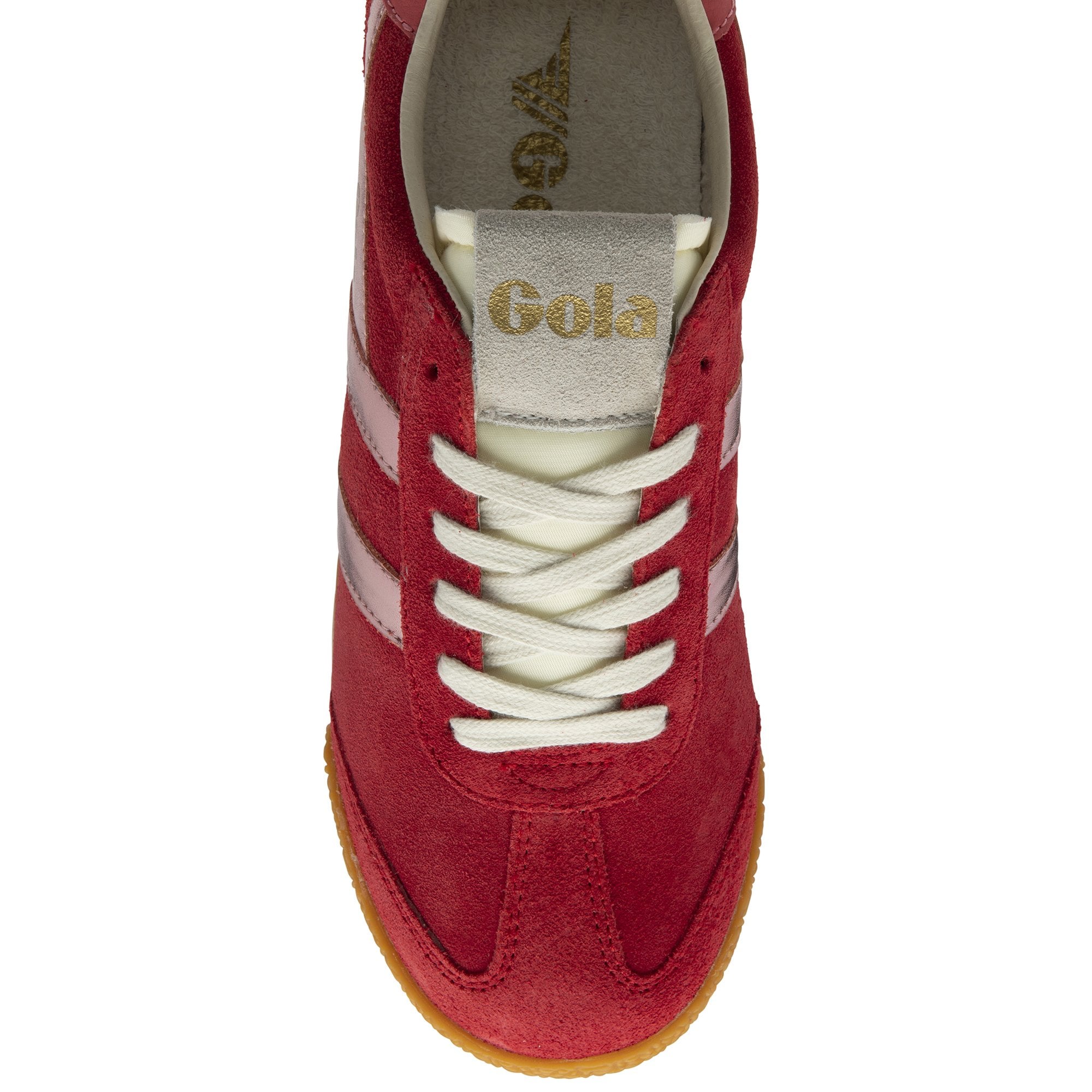 The top-down view of a single red and silver Gola trainer with a tan sole.
