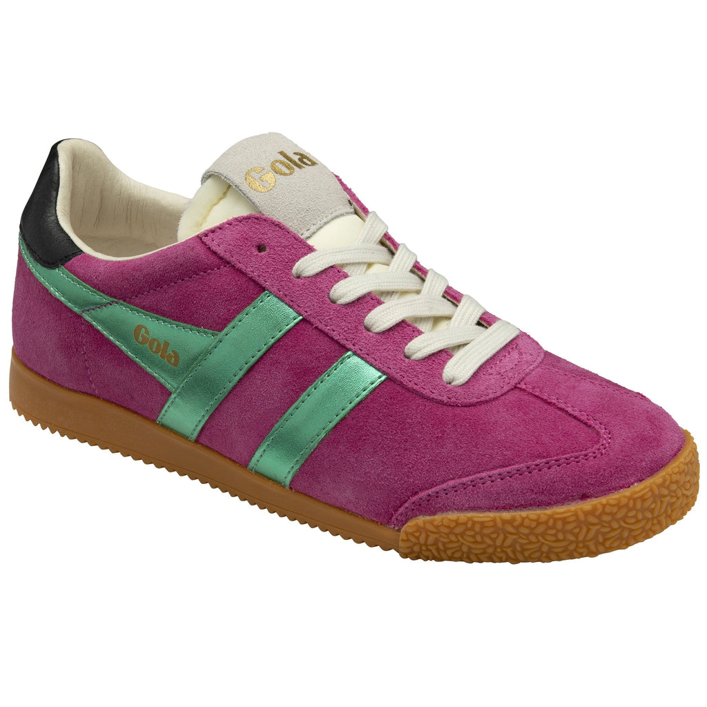 A pink Gola sneaker with green stripes and white laces on a white background.
