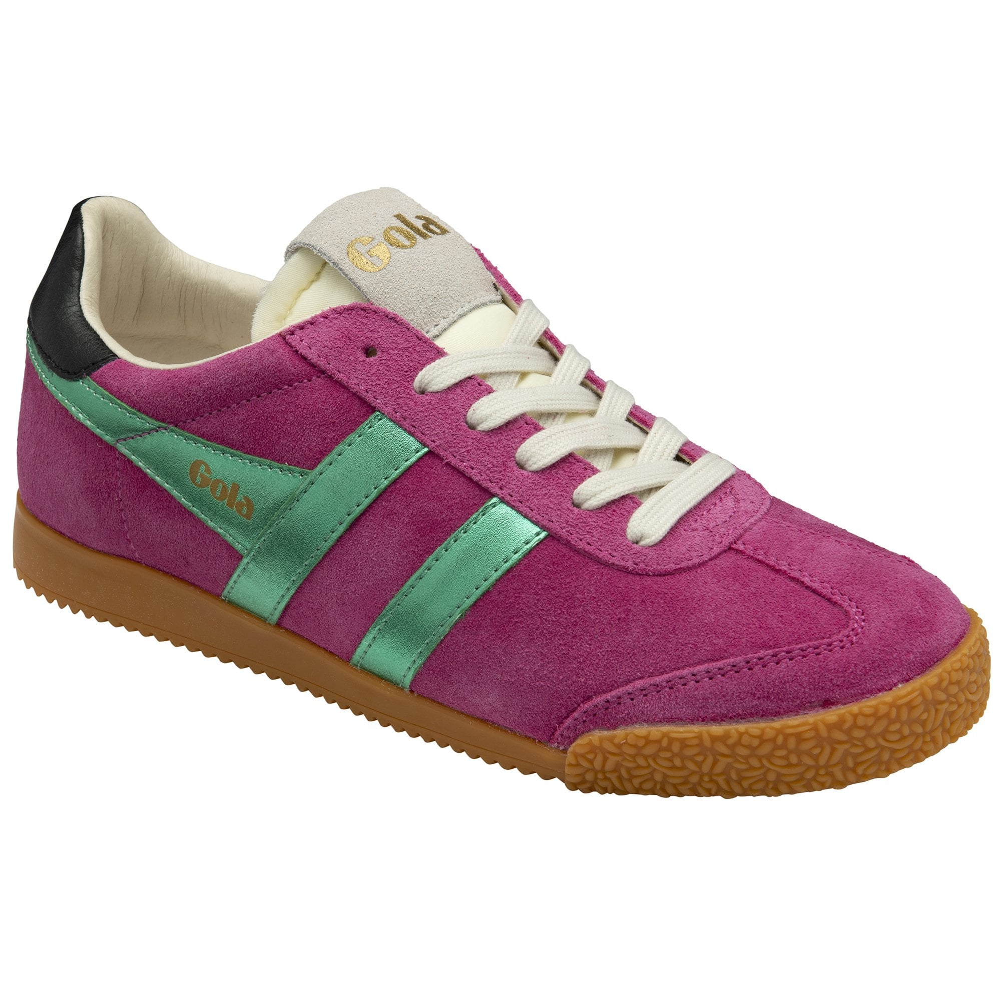 A pink Gola sneaker with green stripes and white laces on a white background.