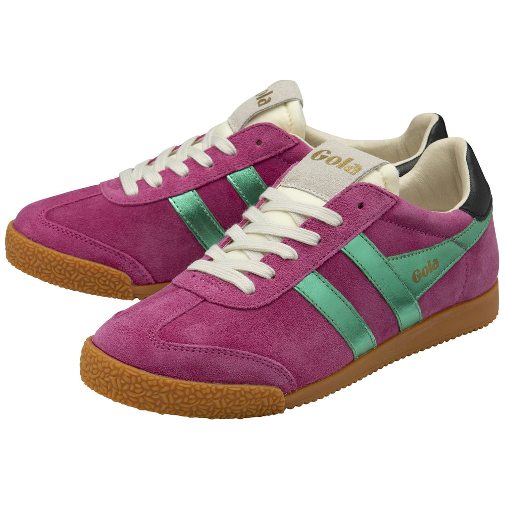 A pair of pink Gola sneakers with green stripes and white laces on a white background.