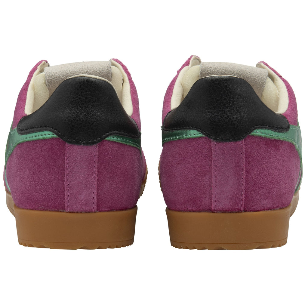 A back view of pink Gola sneakers with green stripes and black heels.