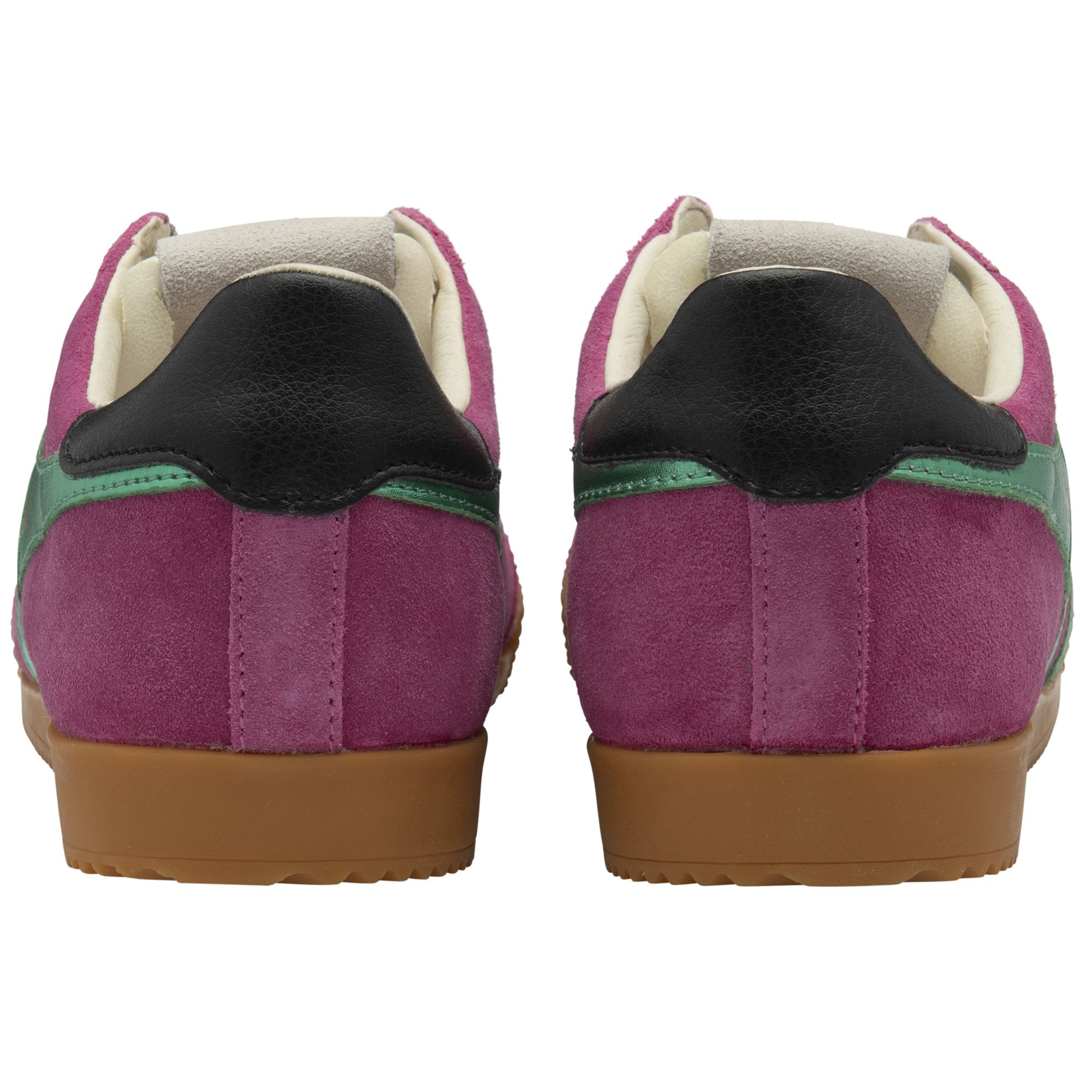 A back view of pink Gola sneakers with green stripes and black heels.