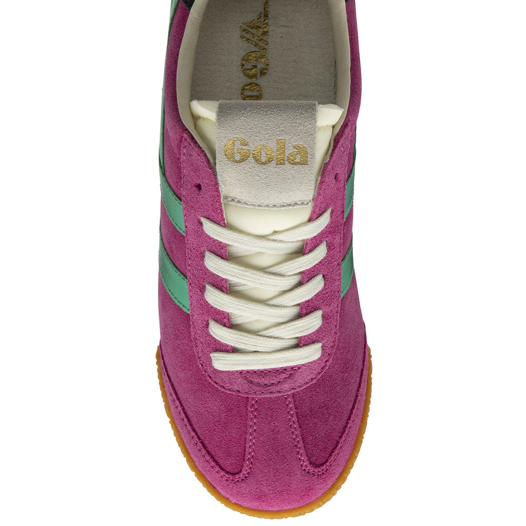 A top view of a pink Gola sneaker with green stripes and white laces.