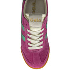 A top view of a pink Gola sneaker with green stripes and white laces.