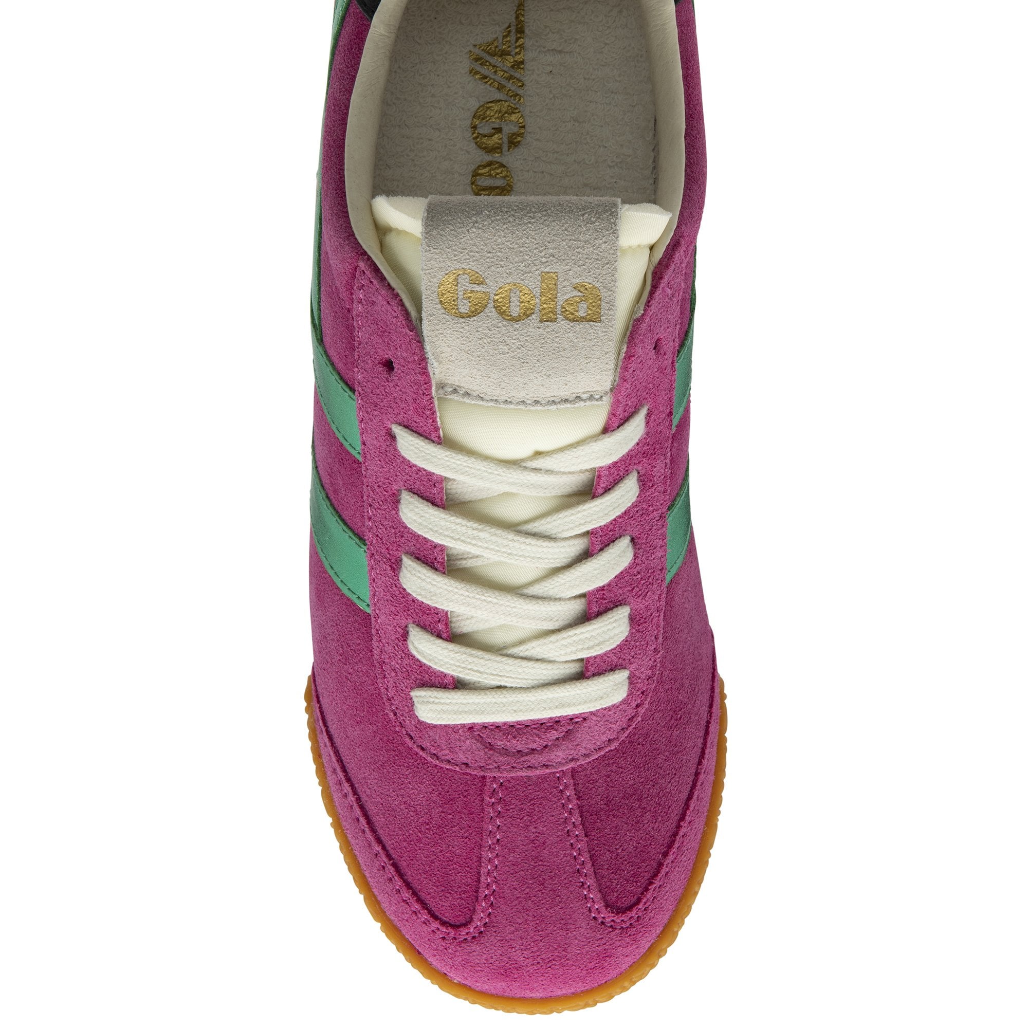 A top view of a pink Gola sneaker with green stripes and white laces.