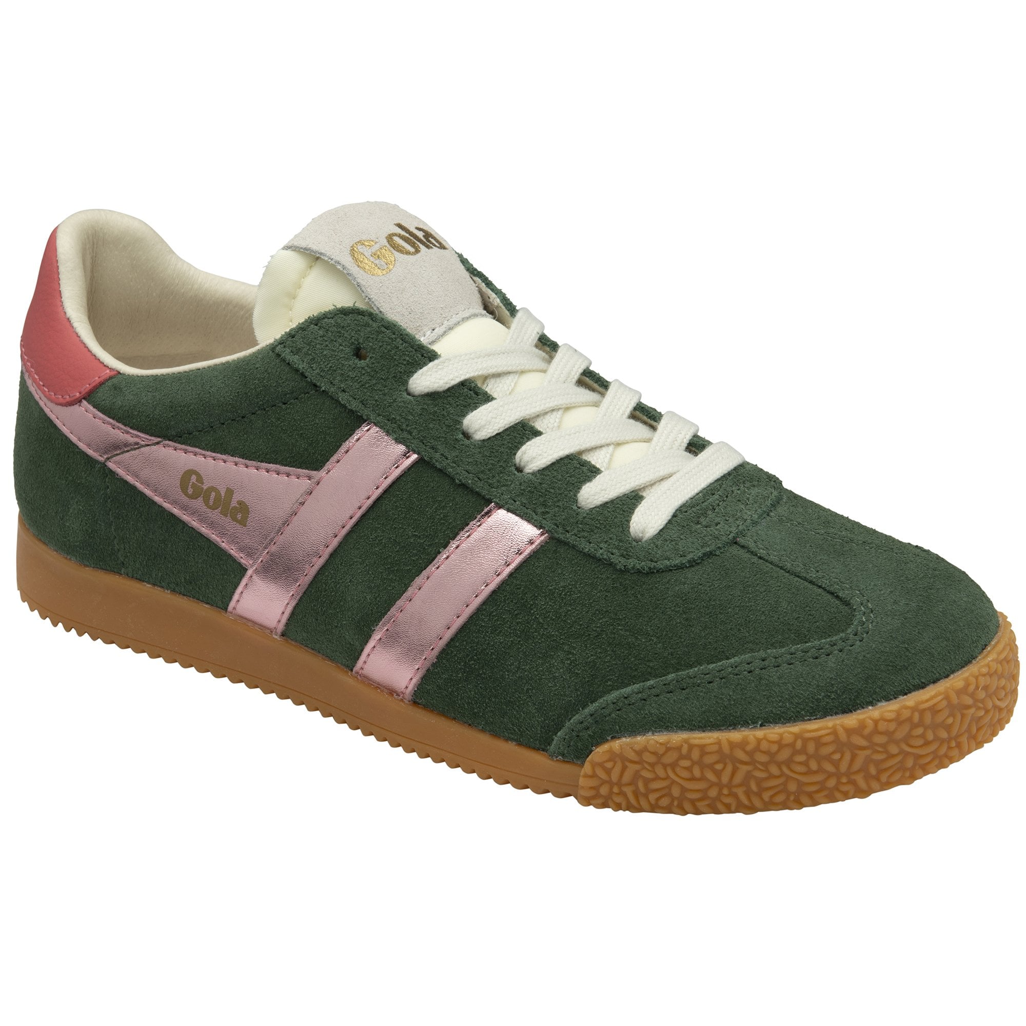 A single Gola women's trainer in forest green with pink stripes from an alternate angle.