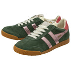 A pair of forest green and pink Gola women's trainers on a white background.