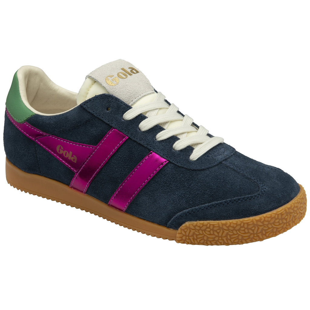 A single Gola low-top sneaker in dark blue suede, with a gum sole and fuchsia side stripes.