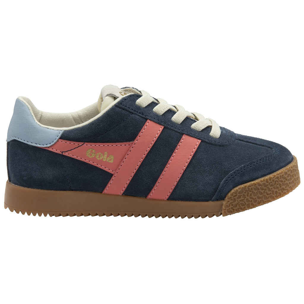 A navy blue Gola trainer with coral stripes and light blue trim, viewed from the right side.