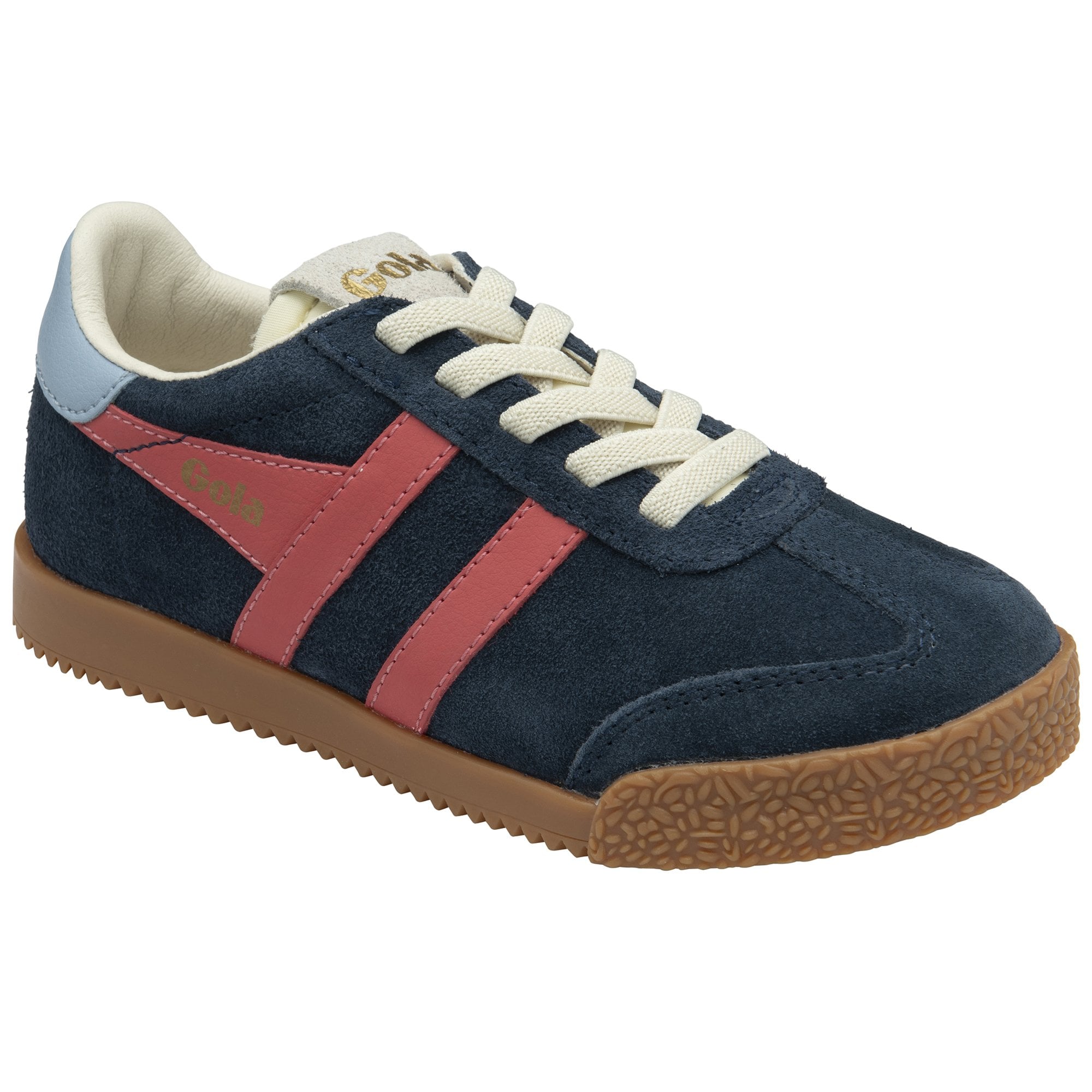 A navy blue Gola trainer with coral stripes and light blue trim, viewed from the left side.
