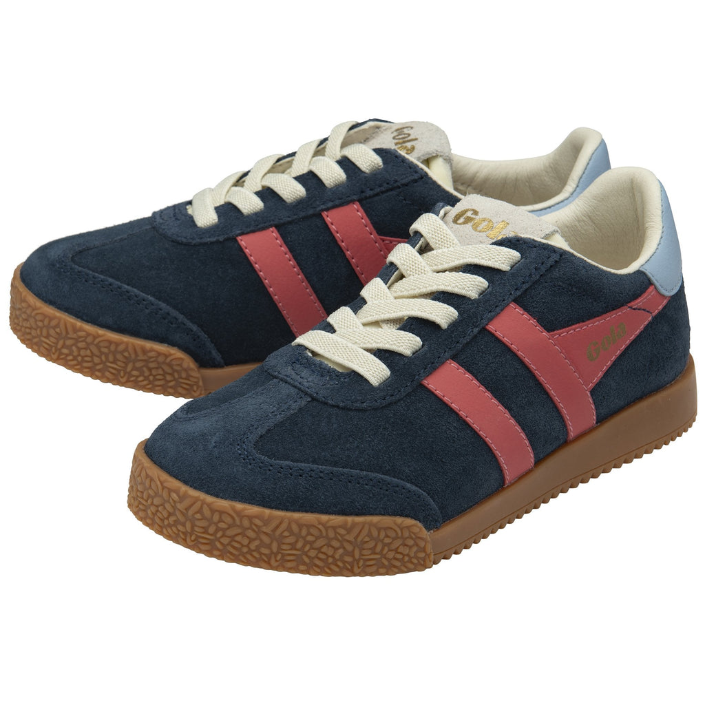 A pair of navy blue Gola trainers with coral stripes and light blue trim.