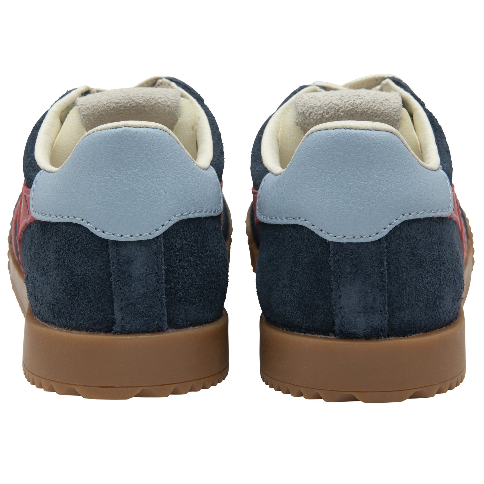 The back view of a pair of navy blue Gola trainers with light blue heel trim.