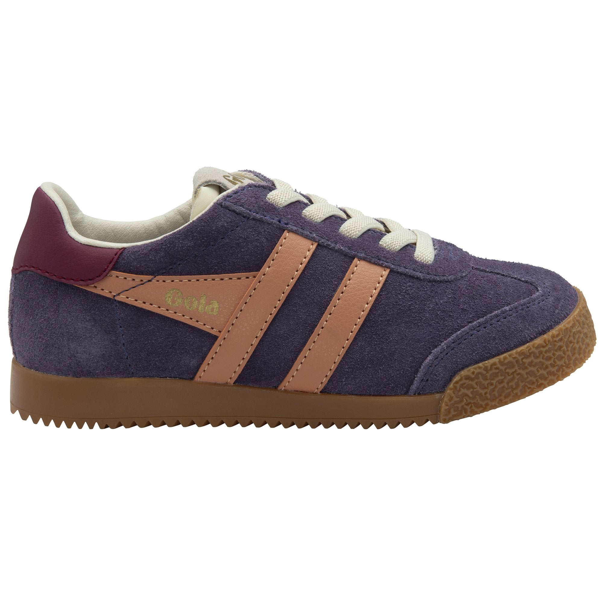 A purple and tan sneaker with white laces and a brown sole, viewed from the side.