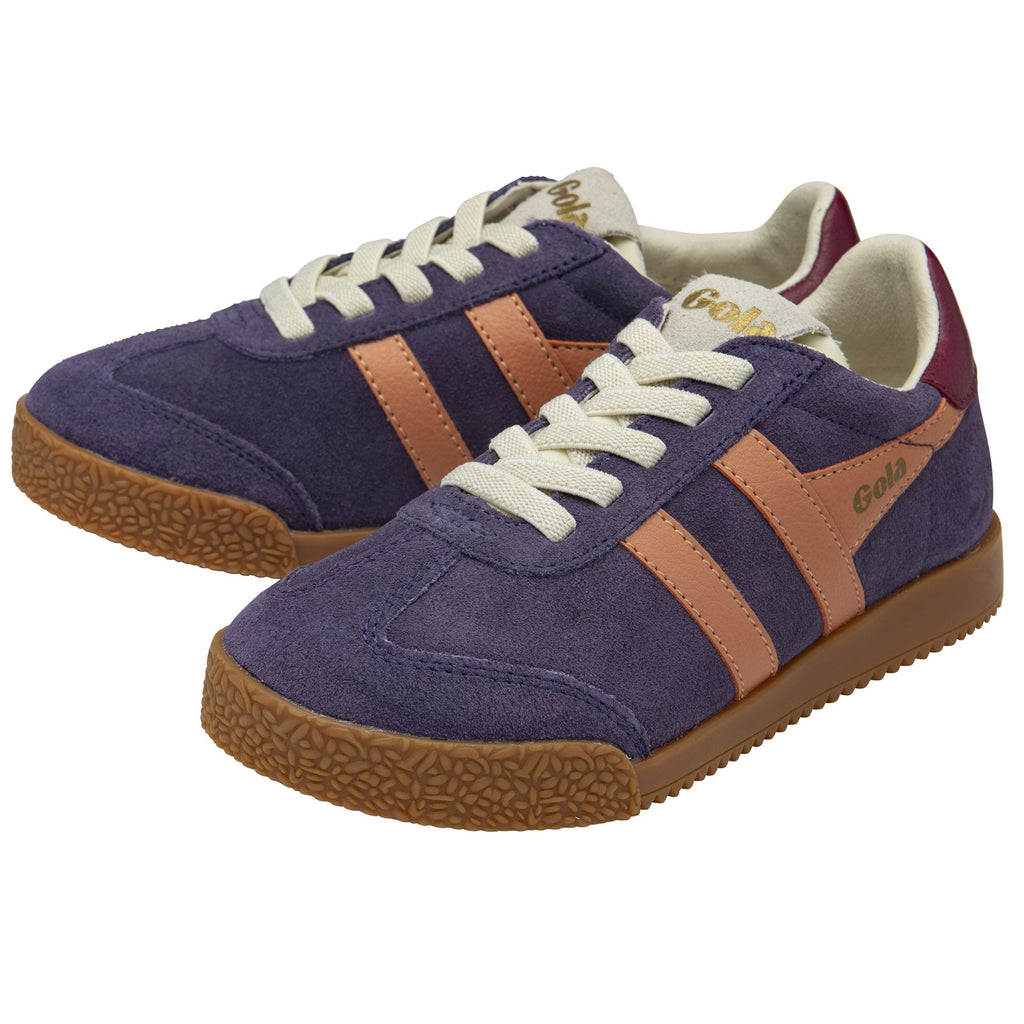 A pair of purple and tan Gola sneakers with white laces, angled on a white background.