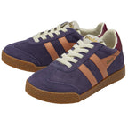 A pair of purple and tan Gola sneakers with white laces, angled on a white background.