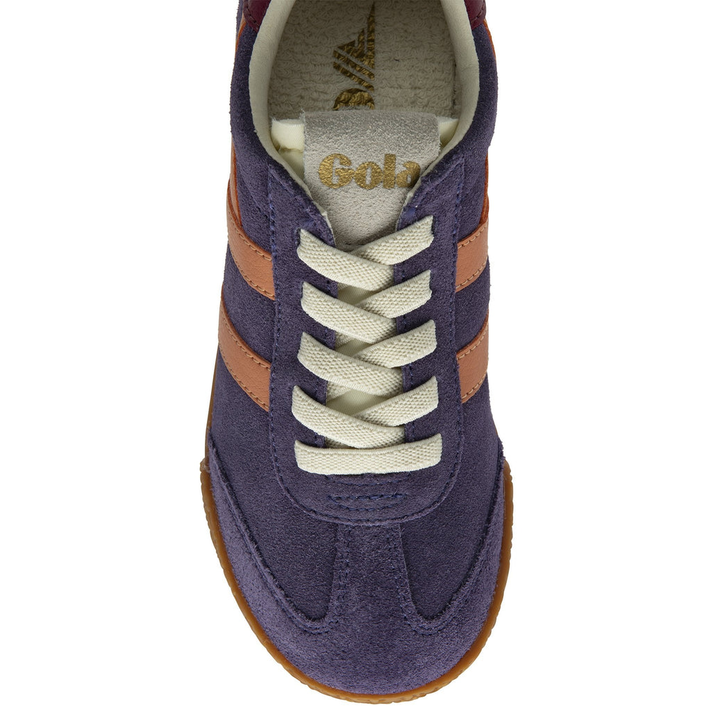 The top-down view of a single purple Gola sneaker with tan stripes and white laces.