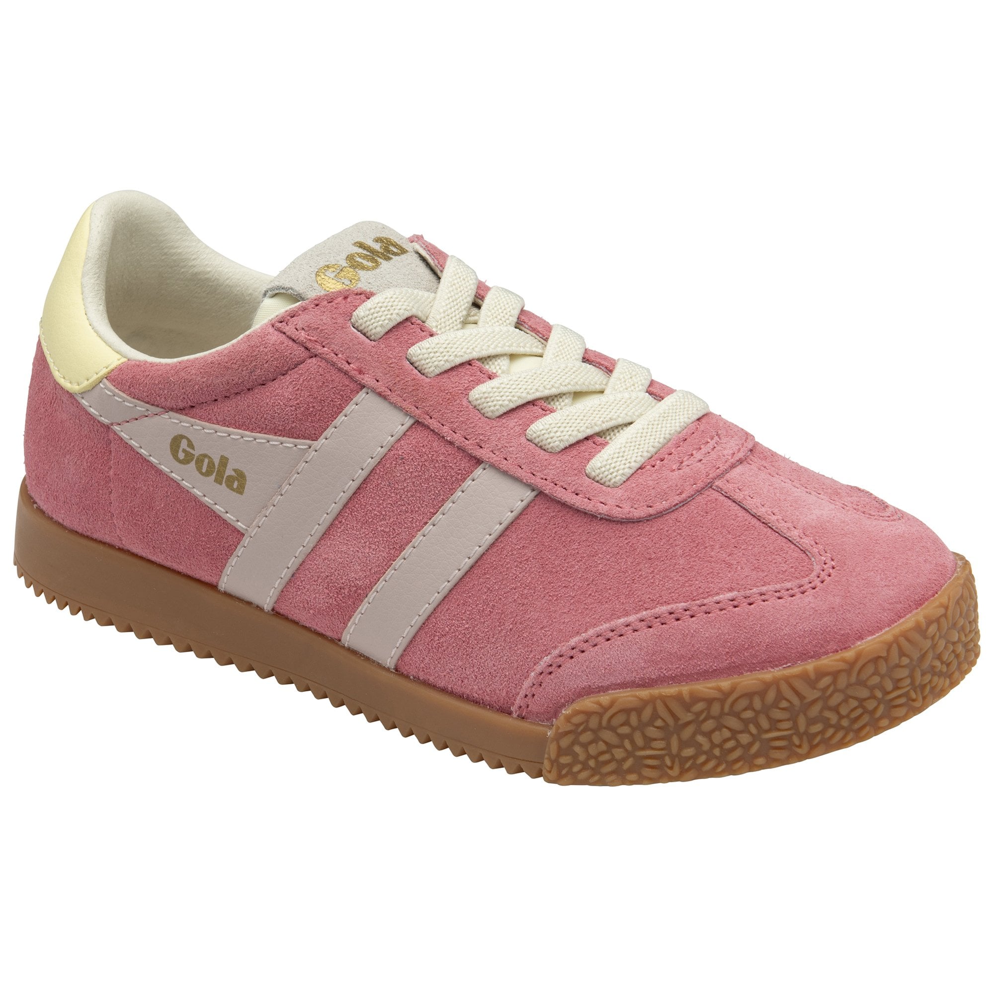 A single Gola women's trainer in pink and off-white, angled slightly.