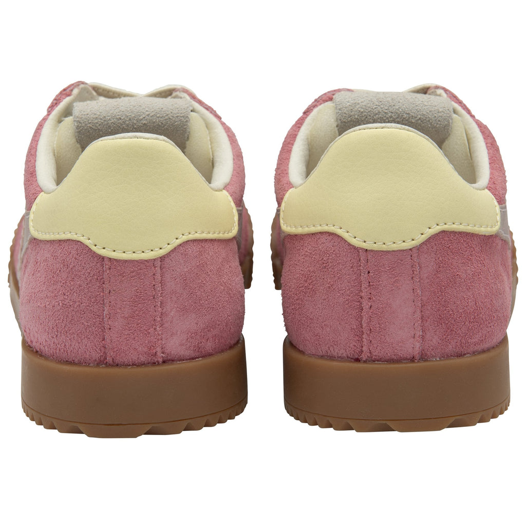 The back view of a pair of Gola women's trainers in pink and off-white.